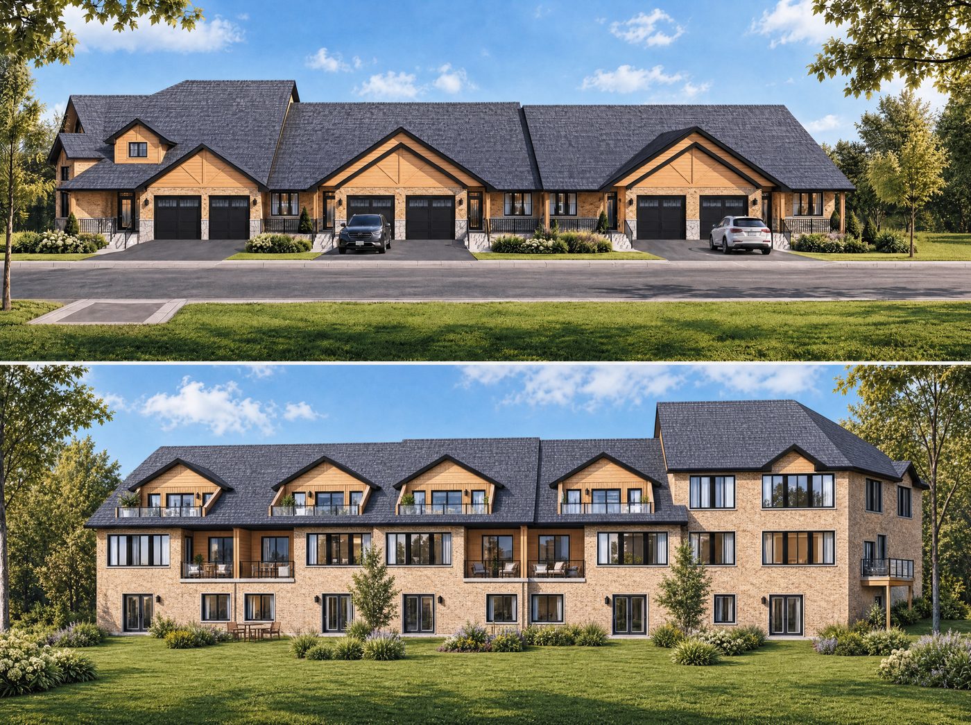 Block C townhomes — street and riverside elevations