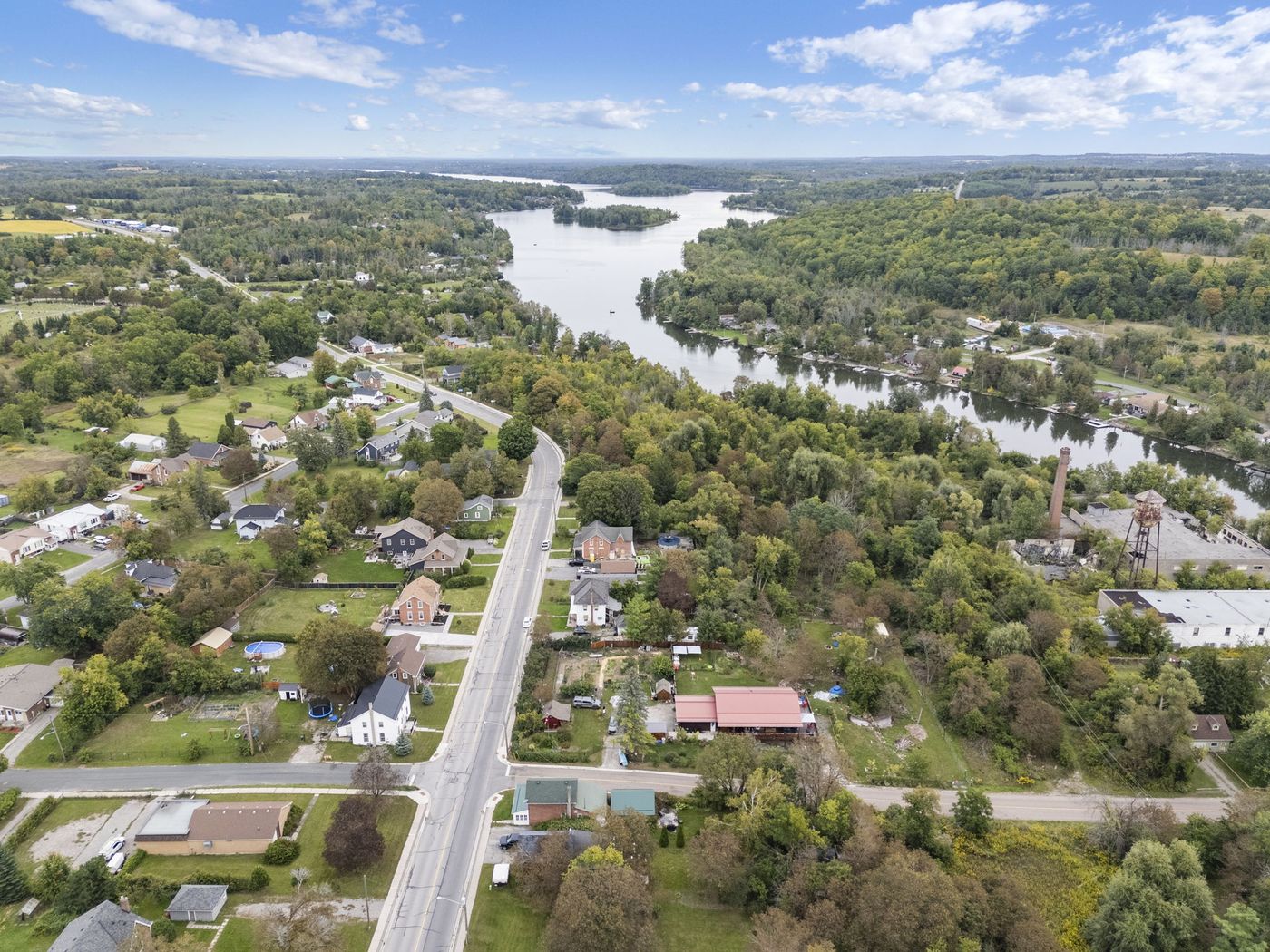 Aerial view of the Trent River winding toward Rice Lake