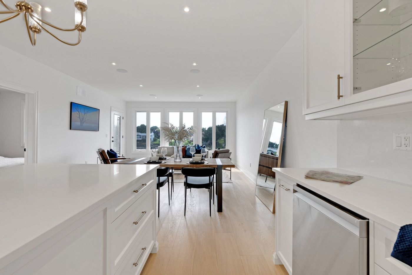 View from the kitchen to the dining and living area